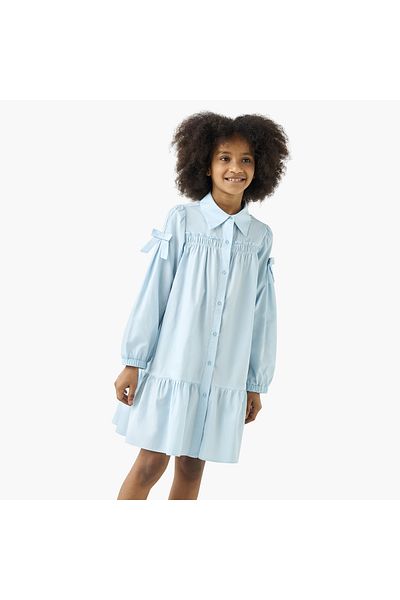 Juniors Solid A-Line Tiered Dress With Button Closure And Bow Detail
