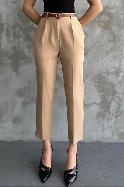 macharel jeans γυναικείο στενό πόδι πλισέ με ζώνη μπεζ παντελόνι εποχιακό ύφασμα