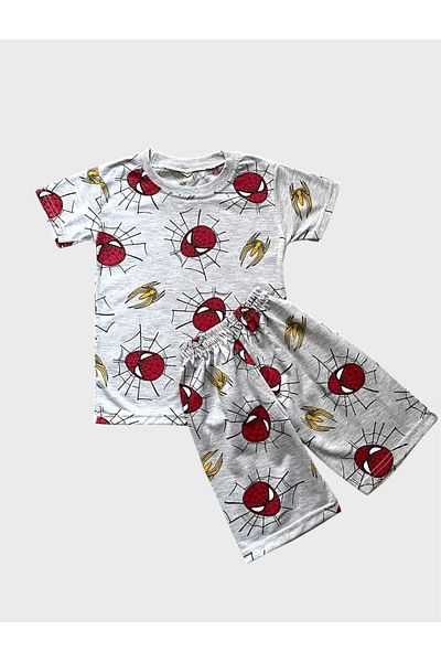 TOFU KİDS Boys' Cotton Gray Red Spiderman Patterned Short Sleeve Shorts Summer Pajama Set