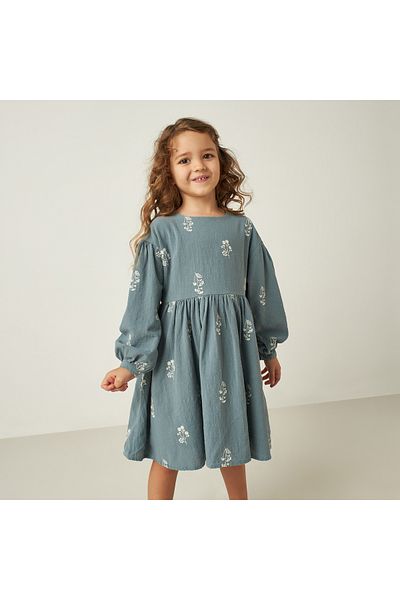 Juniors All-Over Floral Embroidered A-Line Dress With Round Neck And Long Sleeves