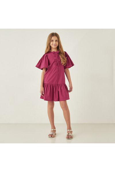 Juniors Solid Drop Waist Dress With Bow Applique And Flutter Sleeves