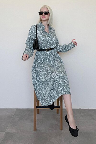 Madmext Mint Yeşili Uzun Kollu Düğmeli Desenli Elbise Mg2431