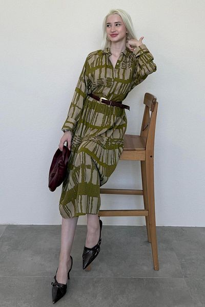 Madmext Khaki Long Sleeve Buttoned Patterned Dress Mg2431