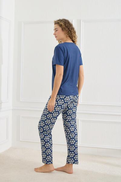 Kompedan Kadın Çiçek Desenli Bisiklet Yaka Pijama Takımı | Lacivert 30102-963
