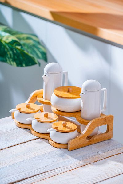 ACAR Pamira 6-Piece Porcelain Spice Rack - Oil Pot Set
