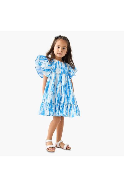 Juniors All-Over Tie-Dye Print A-Line Dress With Flutter Sleeves