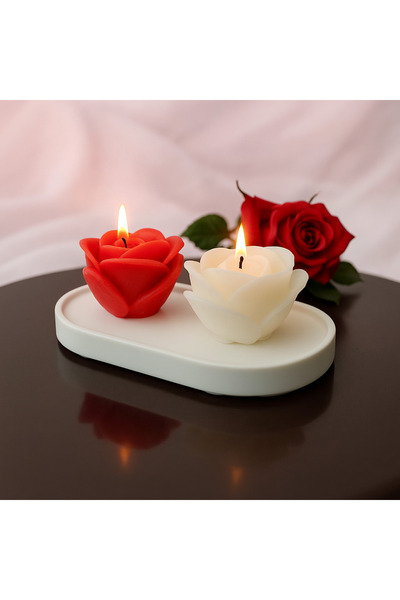 aymumi home Dekoratif Gül Şekilli Kokulu Mum 2'li Set ve Stand – Kırmızı & Be...