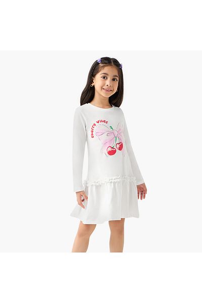 Juniors Cherry Print Drop Waist Dress With Round Neck