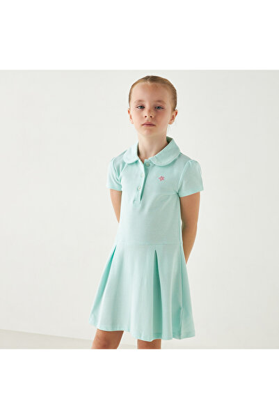 Juniors Solid Polo Neck Dress With Short Sleeves