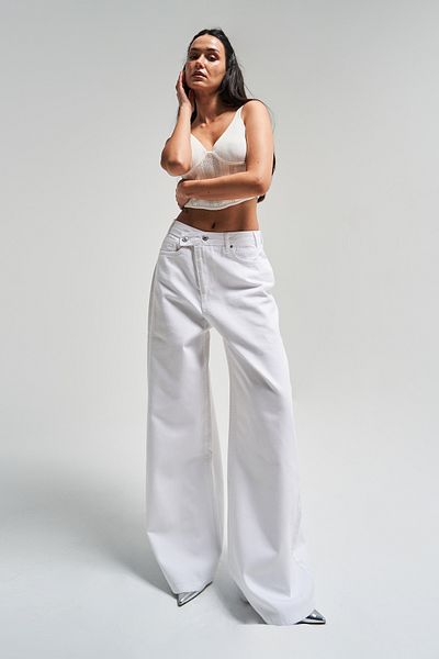its basic Γυναικείο λευκό χρώμα 5s5-2 Mega Baggy Fit Loose Cut 100% Cotton Belt Λεπτομερές τζιν τζιν