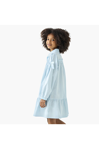 Juniors Solid A-Line Tiered Dress With Button Closure And Bow Detail
