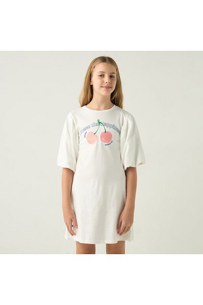 Juniors Slogan Print Round Neck Dress With Balloon Sleeves