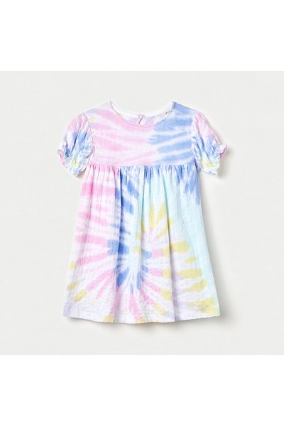 Juniors Tie-Dye Print A-Line Dress With Round Neck And Short Sleeves