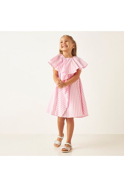 Juniors Striped Dress With Round Neck And Ruffle Detail