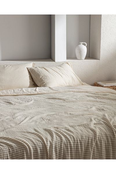 Madame Coco Agnes Double Muslin Yarn Dyed Elastic Duvet Cover Set - Khaki