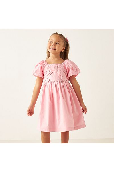 Juniors Bow Detailed Cotton A-Line Dress With Balloon Sleeves