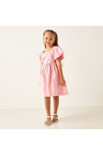 Juniors Bow Detailed Cotton A-Line Dress With Balloon Sleeves
