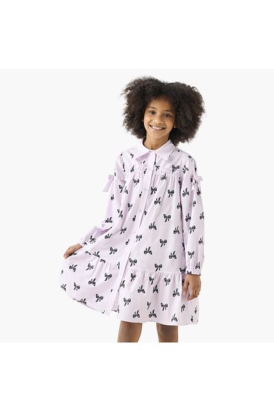Juniors Bow Detail A-Line Tiered Dress With Button Closure And Bow Detail