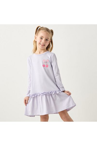 Juniors Bow Print Drop Waist A-Line Dress With Long Sleeves