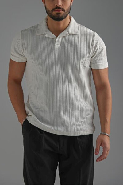 Tarz Cool Men's White Embroidered Polo Neck T-Shirt