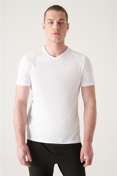 Avva Weißes Herren-T-Shirt mit V-Ausschnitt aus 100 % Baumwolle E 001001