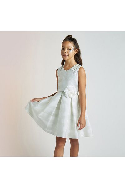 Juniors Striped Sleeveless Dress With Flower Applique And Pleats