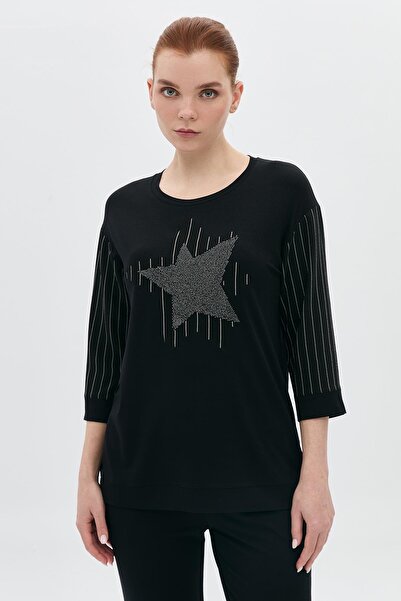 DAIDO Μπλουζάκι με απλικέ αστέρι και πέτρινο ριγέ τριών τετάρτων