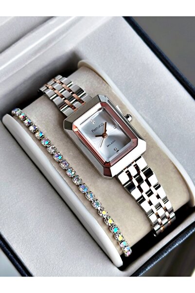Ferrucci Rose Gold Gümüş Renk Minimal Kasa Çelik Kordon Kadın Kol Saati + BİLEKLİK