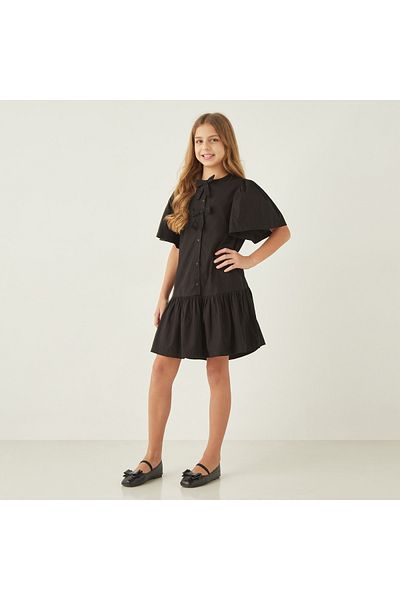 Juniors Solid Drop Waist Dress With Bow Applique And Flutter Sleeves