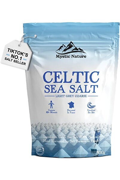 mystic nature ملح البحر السلتي | عضوي 100% طبيعي، رمادي فاتح، 500 غرام