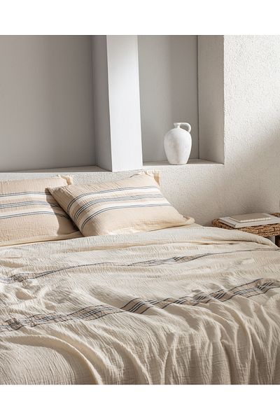 Madame Coco Sheryl Single Muslin Yarn Dyed Elastic Duvet Cover Set - Beige/Navy Blue