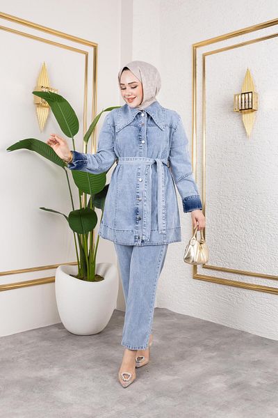 HARMAN BUTİK Women's buttoned belted 2-piece denim set