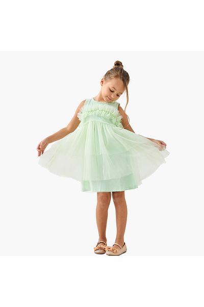 Juniors Mesh Textured Sleeveless Dress With Round Neck And Button Closure