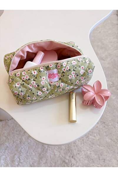 girlsybags Зелена флорална чантичка за гримове, голяма чантичка с цип и флорален мотив