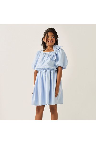 Juniors Solid Bow Applique A-Line Dress With Square Neck And Short Puff Sleeves