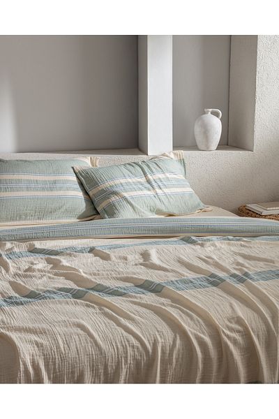 Madame Coco Sheryl Double Muslin Yarn Dyed Elastic Duvet Cover Set - Blue/Green