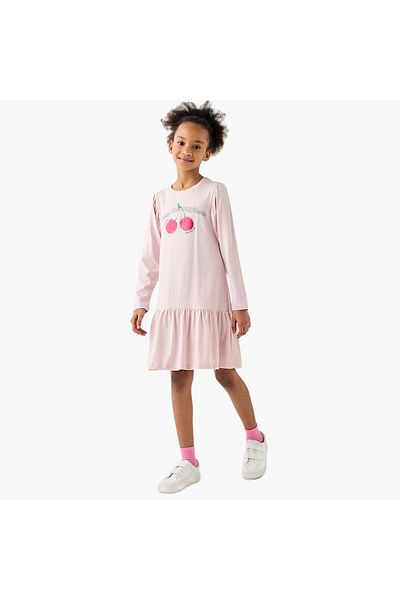 Juniors Graphic Print A-Line Dress With Long Sleeves And Flounce Hem