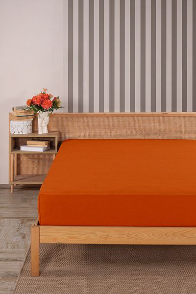 Karden Flower Premium 100% Cotton Double Combed Cotton Elastic Sheet - Orange
