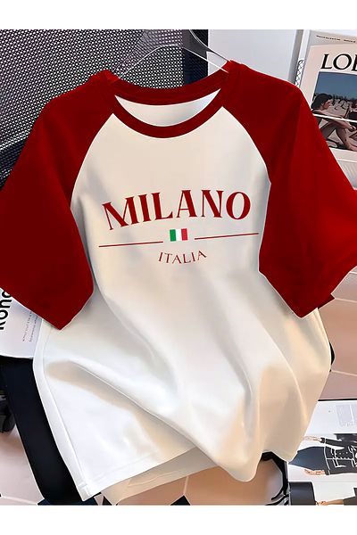 FEEL STYLE Unisex Anti-Sweat Resistant T-Shirt |   Milano Text Design Printed Red Raglan Sleeve