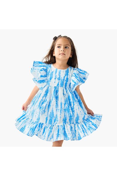 Juniors All-Over Tie-Dye Print A-Line Dress With Flutter Sleeves