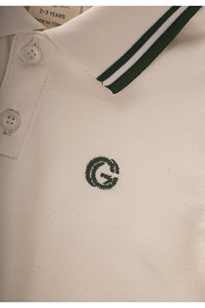 Cigit Embroidered Double Striped Polo Neck T-Shirt 2-10 Years Ecru