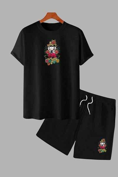 MELADYAN Boxer Dog Printed Black T-Shirt Black Shorts Top and Bottom Set