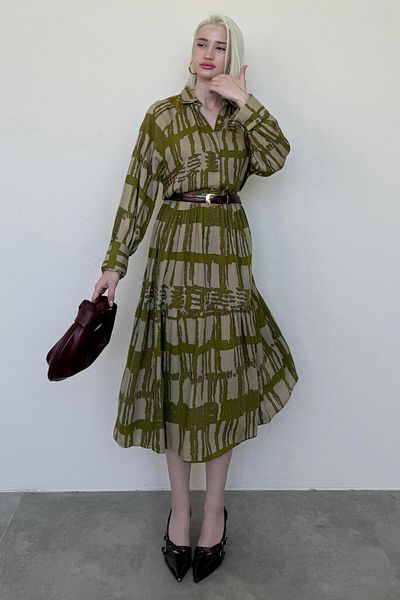 Madmext Khaki Long Sleeve Buttoned Patterned Dress Mg2431