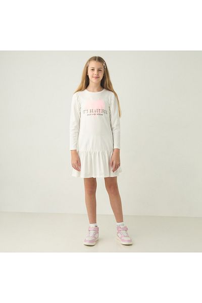 Juniors Slogan Print Drop Waist A-Line Dress With Long Sleeves