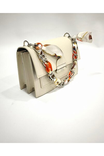 Jagu Women's Hand and Shoulder Bag with Scarf Cream Multi-Compartment Wallet