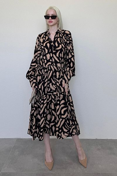 Madmext Beige Long Sleeve Buttoned Patterned Dress Mg2431