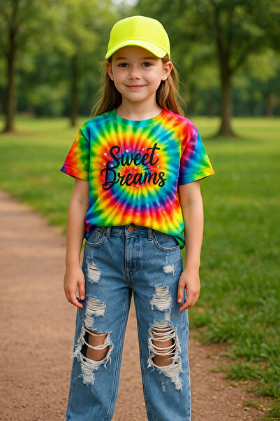 Hilal Akıncı Kids Bluză colorată pentru fete, blugi rupti, pălărie neon Capri...