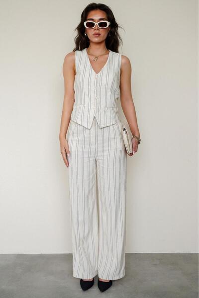 Madmext Ecru Striped Linen Trousers Vest Women's Suit Mg2444