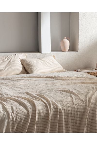 Madame Coco Agnes King Size Muslin Yarn Dyed Elastic Duvet Cover Set - Beige