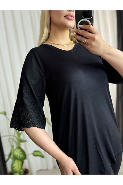 ViolettaXL Women's Large Size Crew Neck Sleeves Fisto Detail Flexible Viscos Bluz